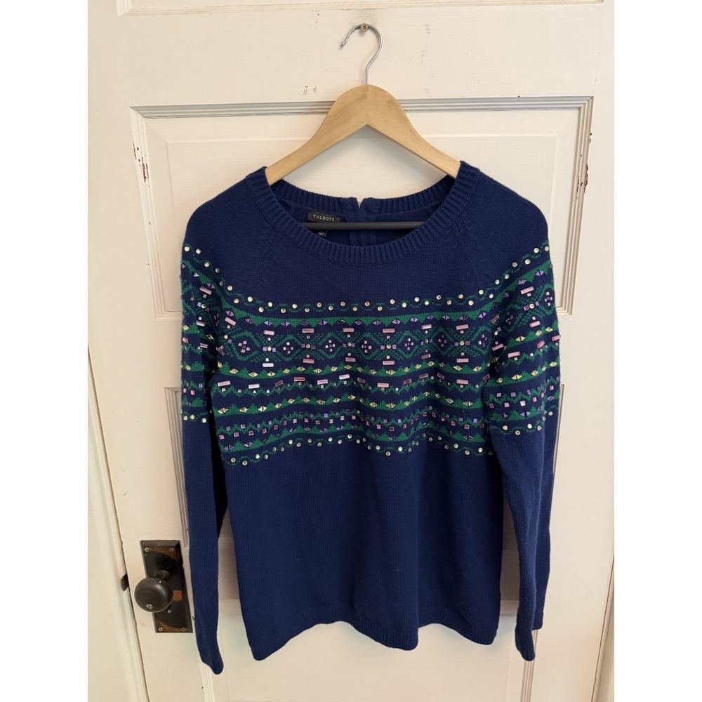 Talbots Women's Navy Blue Green Jeweled Crystal Lambswool Blend Sweater Sz Large